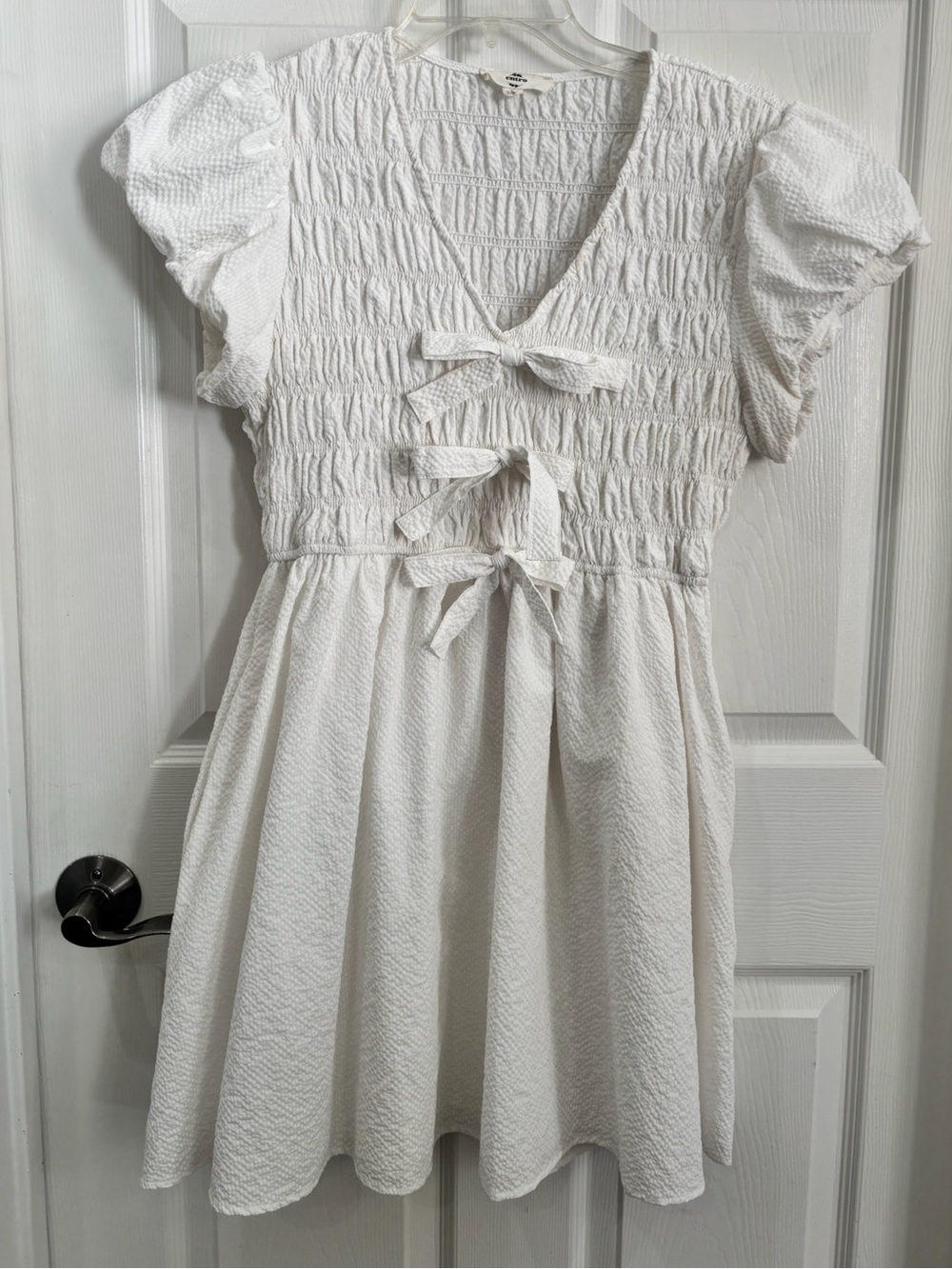 entro White Smocked Bow Front Mini Dress